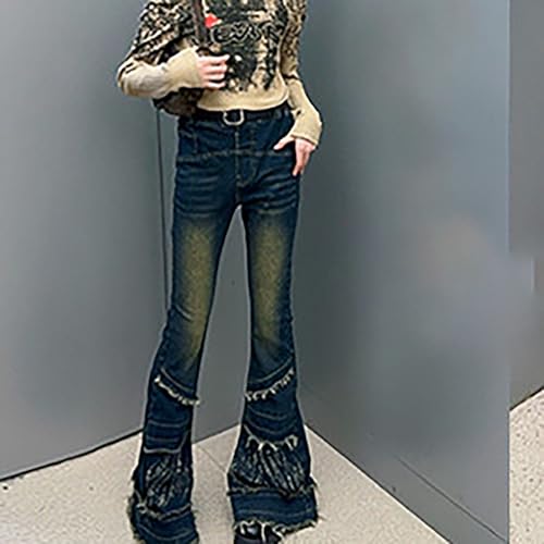 Kids Girl 𝗩intage Flared Jeans Elastic Waist Baggy Denim Pants Streetwear 𝗬2K 𝗥aw 𝗛em Trousers with Pocket3