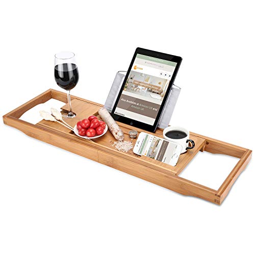 Badewannentablett aus Bambus mit ausziehbaren Seiten, Becher/Weinglas/Smartphone-Halter, Metallrahmen, Buch/Pad/Badregal mit wasserdichtem
