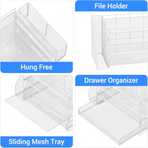 Image of OPNICE Desk Organizers and Accessories, 4-Tier Desktop File Organizer with Drawer and Pen Holders, Office Desk Accessories Workspace Organizers for Office Supplies (Soft White)