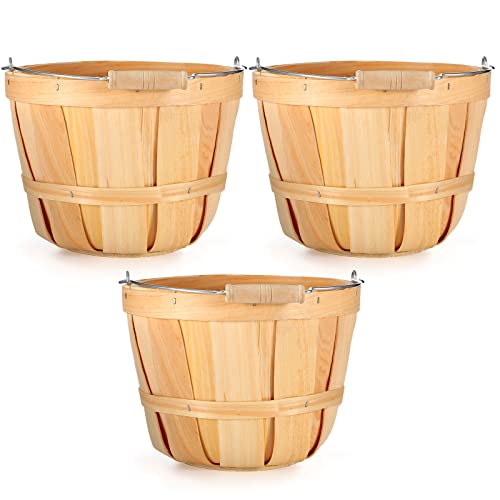 Eaasty 3 Pack Round Wooden Bushel Baskets Wood Fruit Buckets with Handle for Vegetable Snack Fall Holiday Farmhouse Garden Decoration, 4-quart Capacity, 6. 1 Inch Tall, 8 Inch Diameter