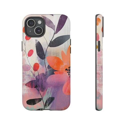 Coque iPhone 15 Plus rigide mate orange formes florales abstraites
