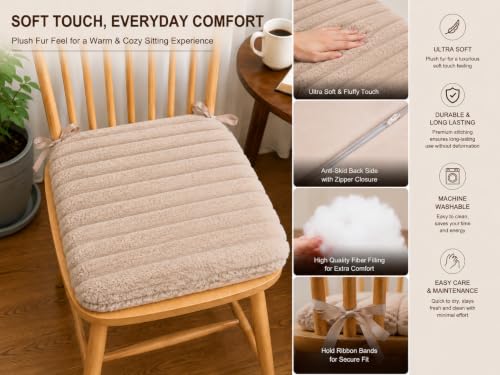 Image of COZY FURNISH Light Taupe Solid Fluffy Chair Seat Cushions with Ties, 16x16 Inch Faux Fur Dining Chair Pads with Foam Filling, Pack of 2