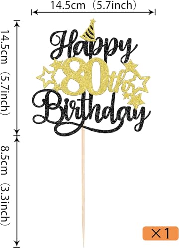 Image of Confetti! Glittering 80th Birthday Cake Topper with Star Hat - Cheers to 80 Years! Fabulous Cake Decorations for Elders 80th Birthday & Anniversary Party Supply