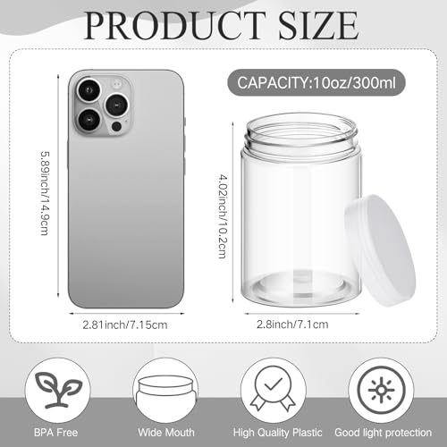 Image of Patelai 4 Pcs Plastic Jars Wide Mouth with Lids,10 Ounce,Clear | Travel Size for Creams Oils, Clear Round Storage Cosmetics Containers, Leak Proof Screw on Lids for Makeup Beauty DIY