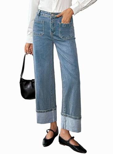 EVALESS Womens Jeans High Waisted Stretchy Cuffed Wide Leg Denim Pants with Pockets