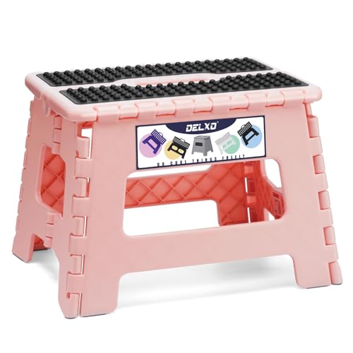 Image of Delxo Folding Step Stool 9 Inch,Non-Slip Foldable Stools for Kids & Adults Up to 300 LBS,Kitchen Collapsible Fold Up Stepping Stool with Dotted 1 Pack,Pink