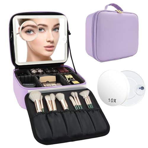 Travel Makeup Bag with LED Mirror and 10x magnifying glass with 3 Lighted Settings, Adjustable Dividers and Makeup Brush Storage Bag Purple