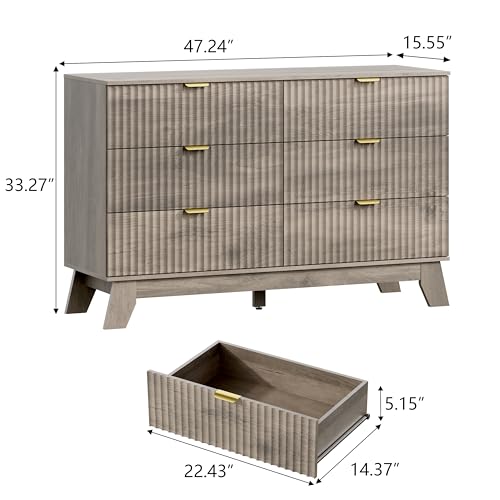 Image of Wodeer 6 Drawer Fluted Dresser for Bedroom, Mid Century Modern Wooden Dresser with 6 Drawers, Dressers & Chests of Drawers with Metal Handle, TV Stand & Storage Organizer for Entryway, Hallway, Grey