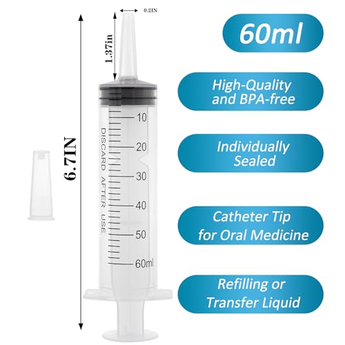 60ml syringe with cap syringes without needle for liquid scientific labs measurement pet feeding ink refilling oil or glue applicator 3 pack