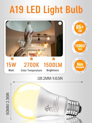 Image of 6 Pack LED Light Bulbs 100 Watt Equivalent, A19 Soft Warm White 2700K | 15W Super Bright White Light 1500 LM, E26 Standard No Flicker Energy Saving Lamp Bulb for Home, Bedroom, Office, Non-Dimmable