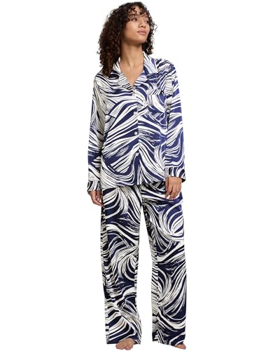 Image of YiNi LuLu Womens Silk Satin Pajamas Set Button Down 2 Piece Pjs Long Sleeve Oversized Sleepwear with Pockets