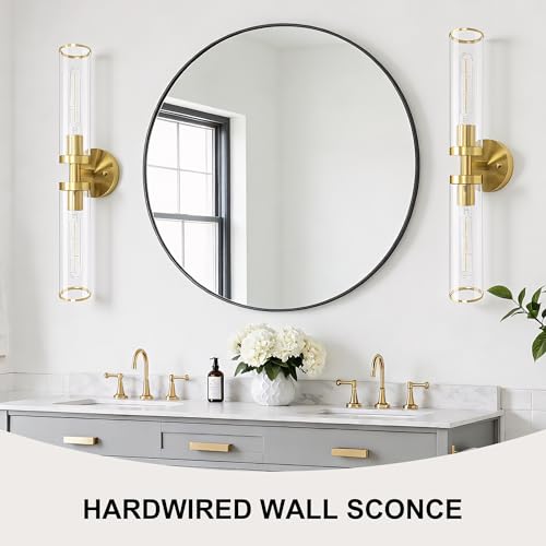 Image of Gold Wall Sconces, Bathroom Sconces Vanity Light Fixtures with Clear Glass, Set of 2, Brushed Gold Sconces Wall Decor, for Living Room /Bathroom Corridor Mirror /Bedroom Hallway Stairwell