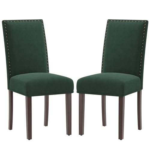 COLAMY Green Velvet Dining Chairs Set of 2 – Upholstered Kitchen & Dining Room Chairs with Nailhead Trim, Soft High-Density Cushion and Solid Wood Legs for Dining Room, Kitchen, Living Room