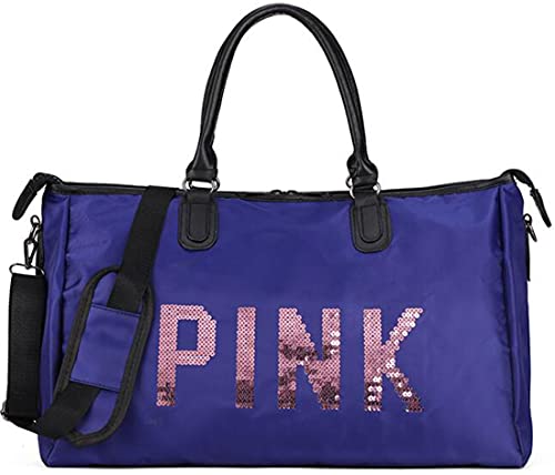 FRITZY Sport Bags for Men Women Luxury Handbags Pink Letter Large Capacity Travel Duffle Striped Beach Bag on Shoulder for Outdoor Business (Light Blue)