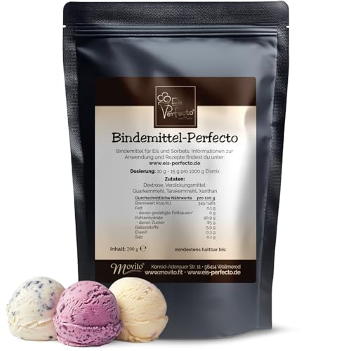 Eis Bindemittel für cremiges Speiseeis – Ohne Zusatzstoffe oder Chemie │ Vegan & glutenfrei │ Mit Guarkernmehl & Johannisbrotkernmehl │ 200 g für bis zu 20 L Eis │Bindemittel Perfecto