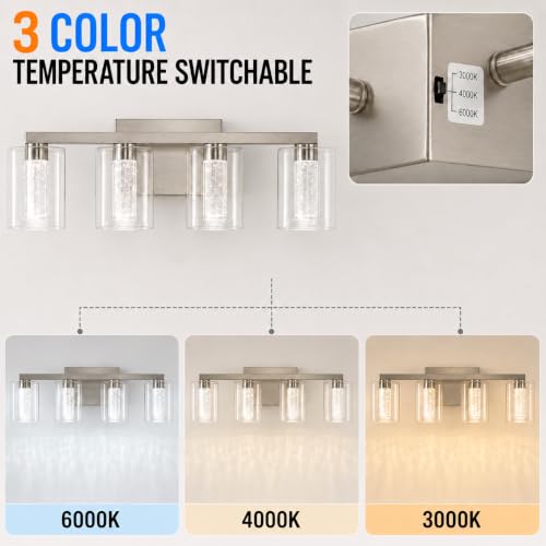 Image of 4-Light LED Vanity Light Fixtures for Bathroom,Electroplated Nickel | Bathroom Light Fixtures Over Mirror, 3 Color Lighting, Crystal Bubble Glass & Clear Glass Shade, Modern Vanity Light