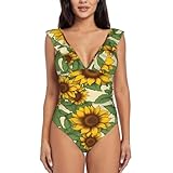 BREAUX Traje de baño con estampado de girasoles para mujer, con cuello en V, cuello en V, traje de baño sexy con cuello en V, Negro -, M
