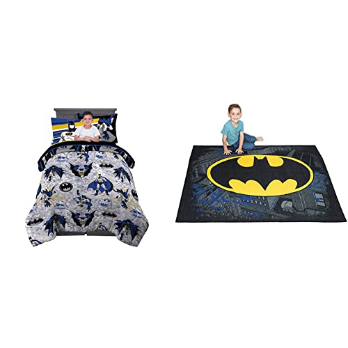 Franco Kids Bedding Super Soft Comforter and Sheet Set with Sham, 5 Piece Twin Size, Batman & Franco Kids Room Non Slip Area Rug, 69 in x 52 in, Batman