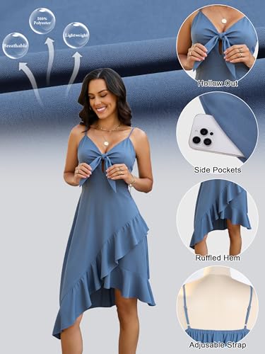 Image of ECOWISH Polka Dot Women Summer Dresses Casual Midi A Line Ruffle High Low Sleeveless Boho Floral Halterneck Cocktail Sundress