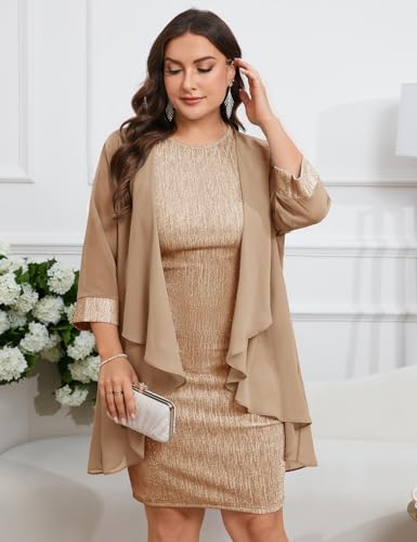 Image of ZOMVA Plus Size Sparkly Formal Dress Suit 2 Piece Mother of The Bride Groom Chiffon Jacket Outfit Cocktail Evening