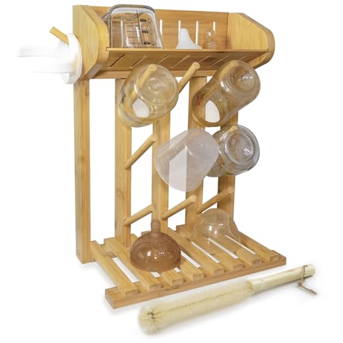 Image of AKS B2C Bamboo Baby Bottle Drying Rack, Vertical Space Saving Kitchen Organizer, 9 Bottle Capacity, Countertop Storage Holder and Bottle Dryer with Draining Base (Comes with a Free Cleaning Brush)