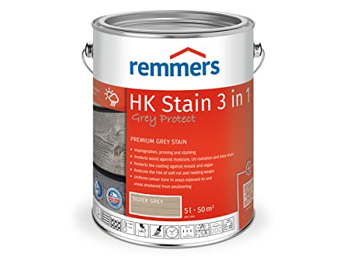 Remmers HK Stain Grey Protect Silver Grey, 5 litres, Premium Wood Preservative Stain for Exterior use, greying Over Natural Grey Tones, 3 Wood Protection Products in one, Moisture Resistant