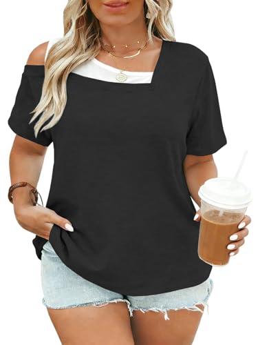 3X Womens Tops Plus Size Trendy Color Block Tshirts Summer Cold Shoulder Tunics Tees Elegant Short Sleeve Blouse Black