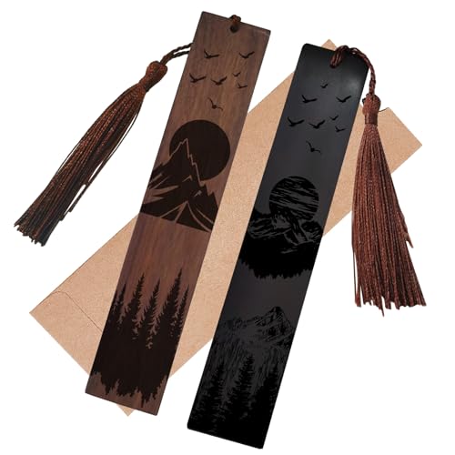CRASPIRE 2 marcapáginas Madera Diseño Montaña Paisaje Natural Amanecer Atardecer Pájaro Árbol Grabado Rectangular Vintage Tallado En Madera Natural Borla Regalo Divertido Amantes los Libros Cumpleaños