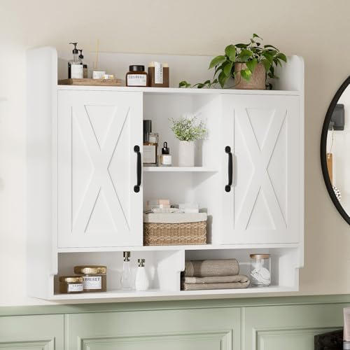 Image of FiveWillowise White Bathroom Wall Cabinet, Wall Mount Storage Cabinet, Floating Medicine Cabinet with 5 Open Shelves and 2 Deep Cabinets Over The Toilet for Laundry Room, Kitchen