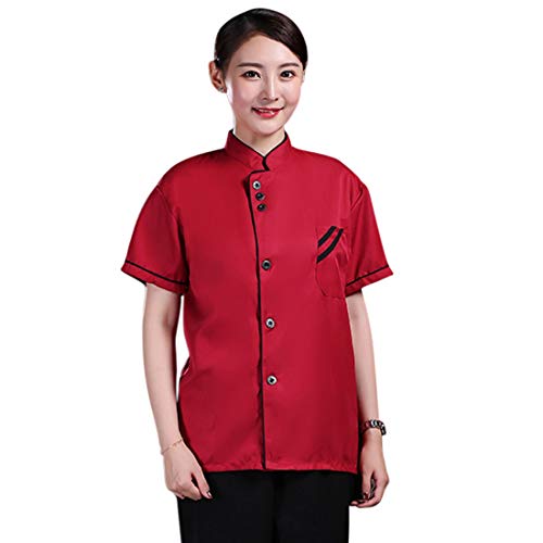 Jiyaru Veste de Cuisine Blouse à Manches Courtes Veste de Chef Cuisinier Unisexe Universelle Manteau Uniforme avec Poche Rouge Taille Asiatique L