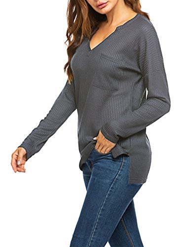 Qearal Women's Fall Long Sleeve Side Slit Loose Casual Pullover Tunic Tops Grey L