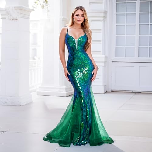 Image of Spaghetti Sequin Formal Dress Tulle Mermaid Floor Length Evening Night Party Gown