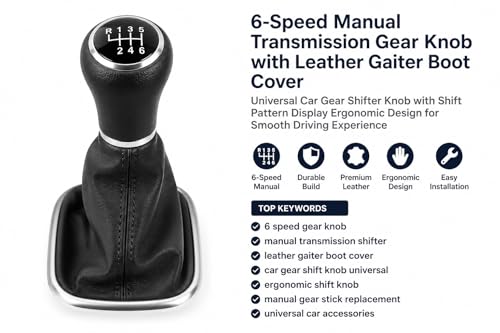 Image of 6-Speed Manual Transmission Gear Knob with Leather Gaiter Boot Cover Universal Car Gear Shifter Knob with Shift Pattern Display Ergonomic Design for Smooth Driving Experience