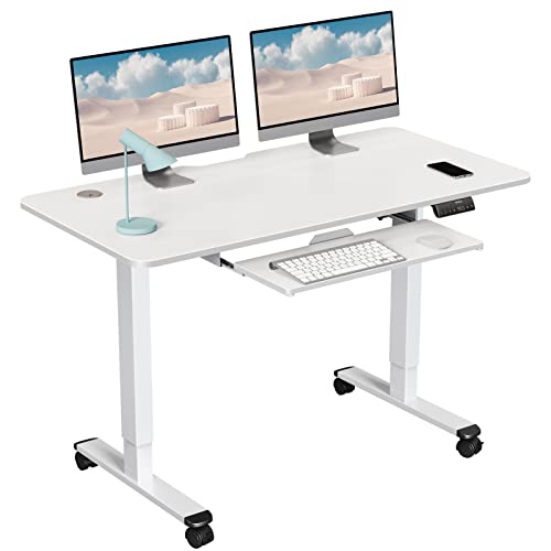 Woka Electric Standing Desk Adjustable Height, 48 X 24 Inches Stand Up Desk With Keyboard Tray, Sit Stand Desk With Memory Controller For Home Office, Motorized Desk With Splice Board, White #TOP30