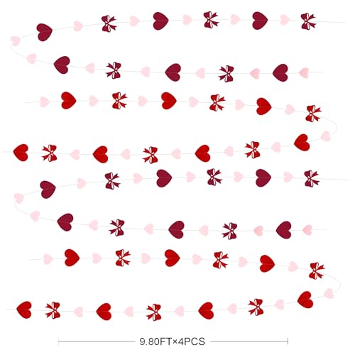 Image of Heart Bow Decorations Burgundy Red Pink Heart Bow Hanging Garland Streamer for Anniversary Birthday Valentines Bachelorette Wedding Baby Shower Bridal Shower Engagement Hen Party Decorations Supplies