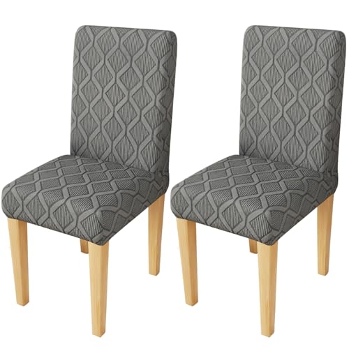 Image of Lukzer Elastic Dining Chair Cover - 2PC Pastel Dark Grey Diamond | Textured High Stretch Jacquard Seat Cover | Removable Washable Short Dining Chair Cover Protector Seat Slipcover | (CC-157-02)