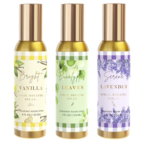 Image of Room Spray, Bright Vanilla, Eucalyptus leaves, Serene Lavender, 3 Pack, Each 4 fl oz, Air Freshener for Home, Long-Lasting Odor Eliminator for Bathroom and Office