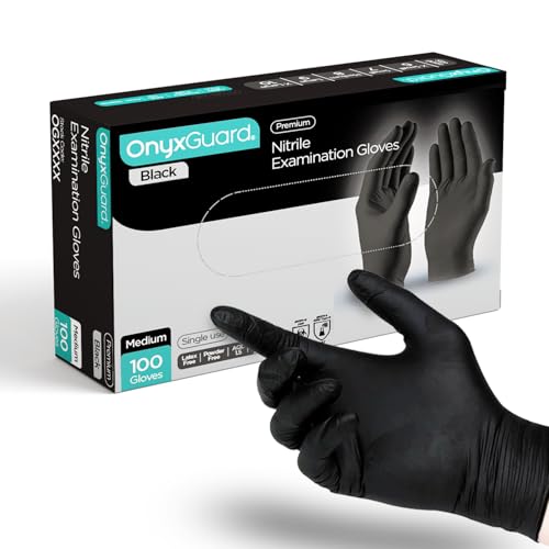 OnyxGuard Black Medical Grade Nitrile Examination Gloves - Multipurpose, Powder Free and Latex Free Disposable Gloves - Box of 100, Extra Small