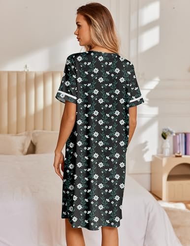Image of Ekouaer Nightgowns for Women House Dress with Pockets Snap Front House Coat Short Sleeve Duster Moo Moos Sleepwear S-3XL