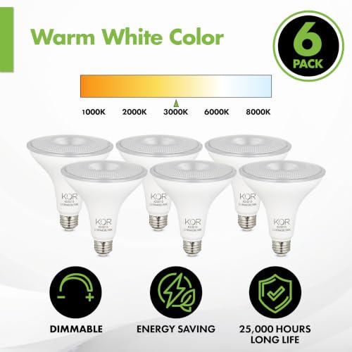 Image of KOR PAR38 LED Flood Light Bulbs, 100W Equivalent, Dimmable, 3000K, 6 Pack | Indoor /outdoor Spotlight, E26 Base, 1250 Lumens, 15W, Warm White, CRI 90, Frosted Finish, Wet Rated and UL Listed.