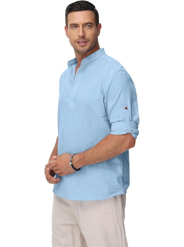 Image of Macsivo Men's Cotton Blend Solid Short Kurta with Regular Lenth Mandarin Collar Short Button Placket Rolled up and Full Sleeves Kurta for Men