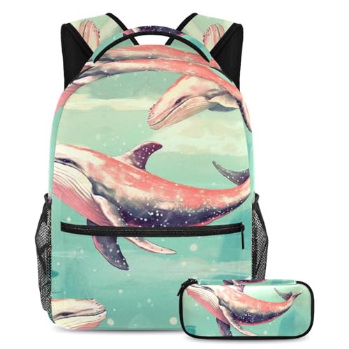 Sac à dos enfant Art Pink Whale Ocean grand format avec sa trousse rose