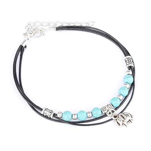 Sperrins Boho Beach Elephant Turquoise Anklet Multi-Layer Beaded Woven Ankle Bracelets Foot Jewelry For Women and Girls
