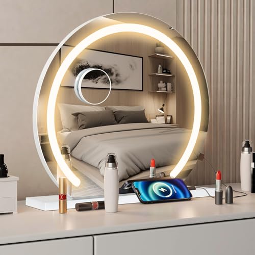 YU YUSING Specchio Trucco con Luci Rotondo Hollywood, 48X48cm Specchio Led Trucco USB, 3 Temperature di Colore, Specchio da Tavolo 10X, Specchio Cosmetico Parete, Bianco