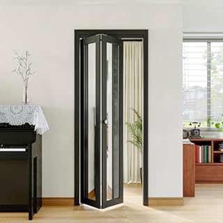 JUJUBON 30" x 80" Opening Bifold Doors, HD Mirror Bifold Barn Door Panels with Hardware Kit & Handles, One Side Mirrored Folding Interior Doors for Closet/Bathtoom/Bedroom Easy to Install, Black