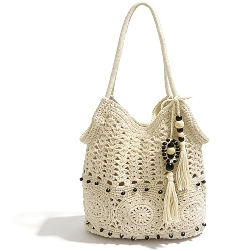 Abuyall Crochet Bags for women Summer Beach Straw Fringe Foldable Woven Purse Hollow-Tassel-Apricot