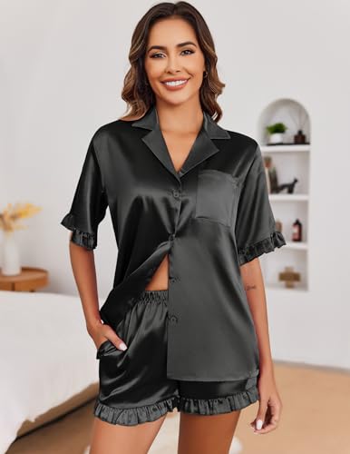 Image of Ekouaer Satin Pajama Set for Women 2 Piece Pj Sets Short Sleeve Sleepwear | Super Soft Silky Summer Loungewear Set with Ruffle Short Sleeve Top and Pocket Shorts, Casual Travel Daily Gift
