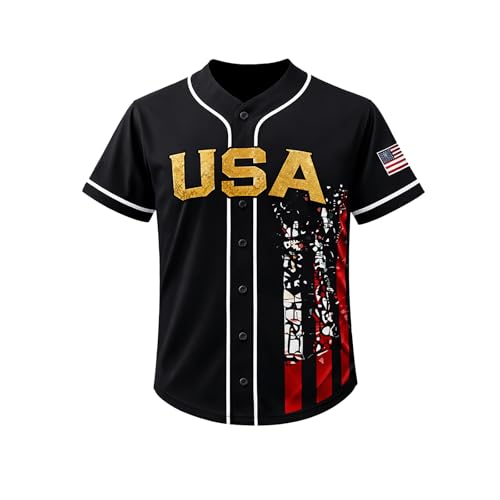 Camiseta de béisbol patriótica USA negra y dorada con nombre y número personalizados, camiseta deportiva con bandera americana y botones miniatura 2