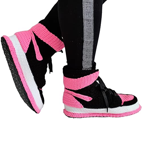 Custom Knitted Cozy Pink Sneaker Plush Slippers, Basketball Jordan-Inspired Booties Cotton Socks, Personalized Comfort Comfy Indoor Shoes, Handcrafted Crochet Sneakers Slipper