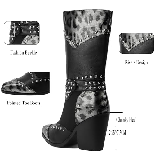 GOSERCE Black Cowboy Boots for Women Mid Calf Cowgirl Boots with White Wings Pattern Pointed Toe Chunky Heel Pull Up Tabs2